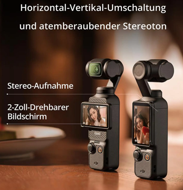 Osmo Pocket 3 mit drehbarem 2-Zoll-Bildschirm im Horizontal- und Vertikalformat