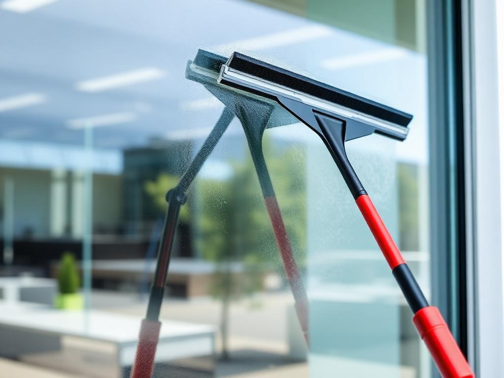 Fensterreinigung mit rotem Abzieher an großer Glasfassade