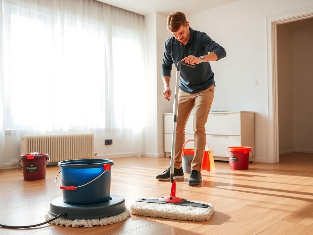 Intensivreinigung einer leeren Wohnung mit Wischmaschine und Eimern