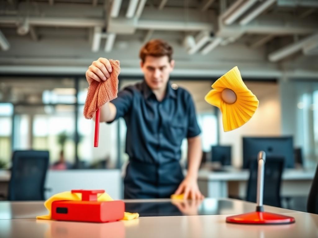 Reinigungskraft wischt Schreibtisch in modernem Büro mit roten Akzenten
