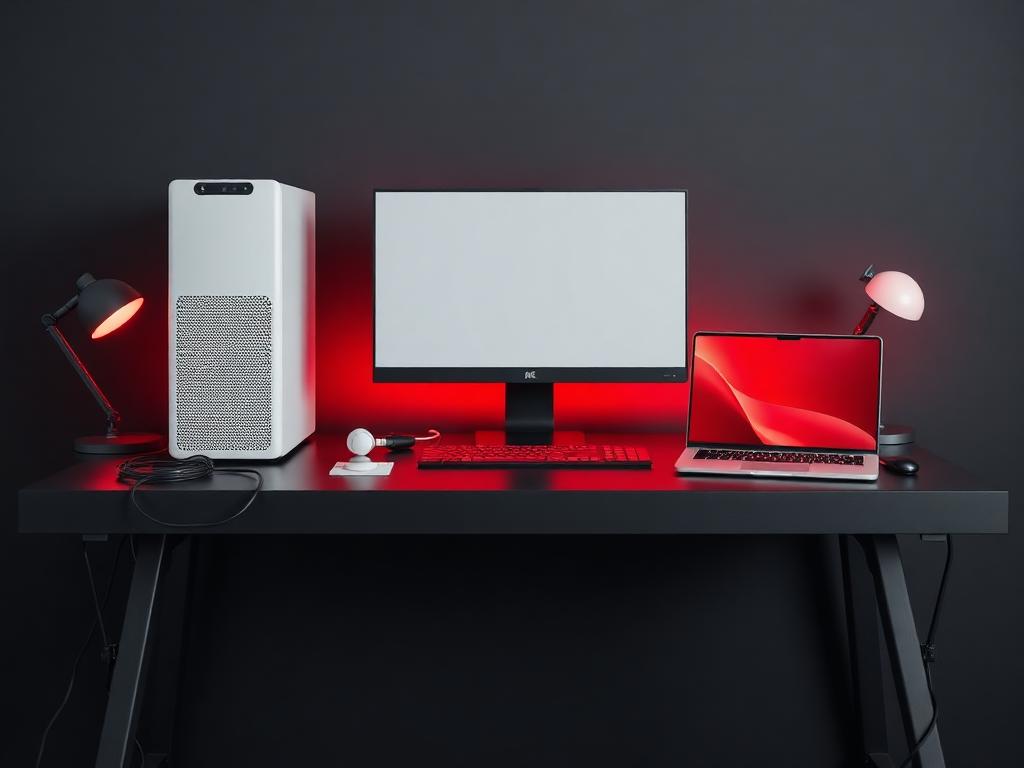 Neuer Desktop-PC und Laptop beim Einrichten mit roten Akzenten