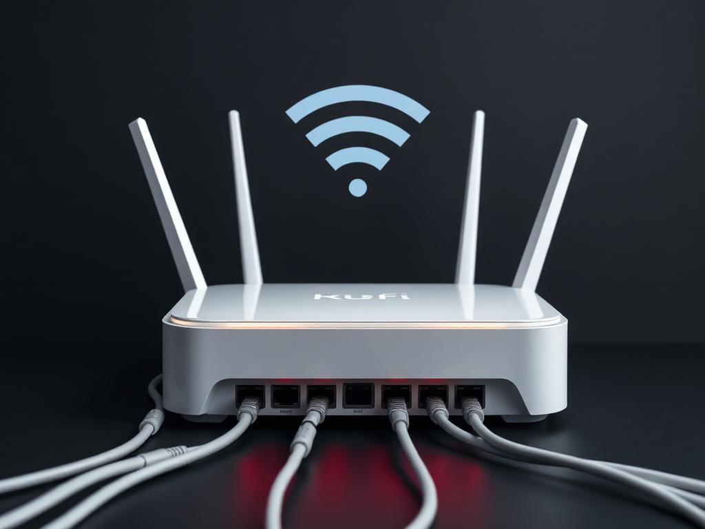 Modernes WLAN-Router mit Netzwerkkabeln und roten Akzenten