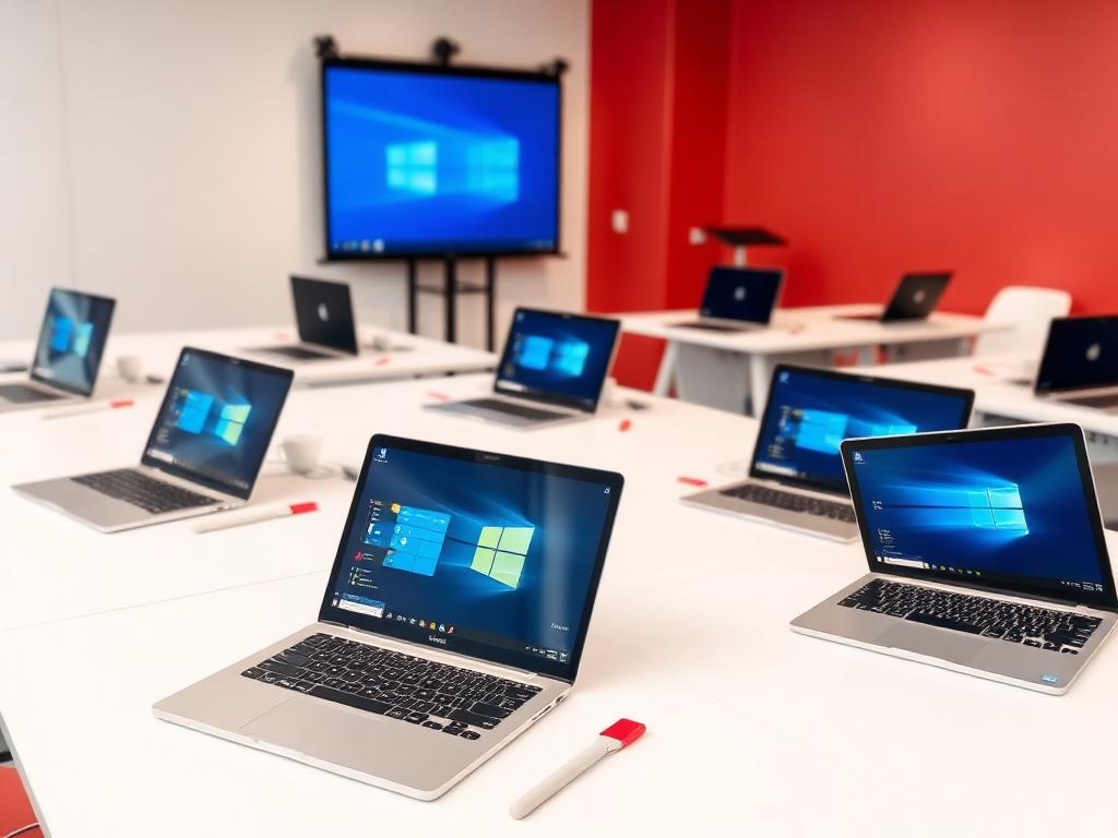 Modern eingerichteter Schulungsraum mit Laptops und Windows 11 sowie Microsoft Office