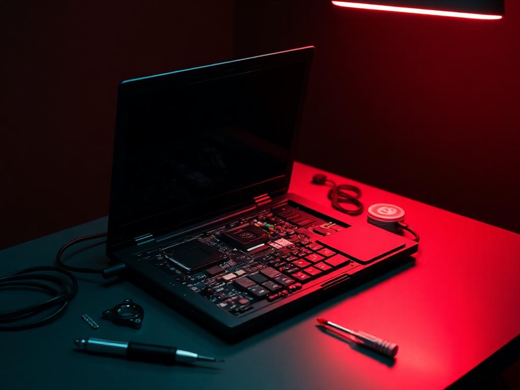 Geöffneter Laptop bei der Reparatur auf Werkbank mit Werkzeug