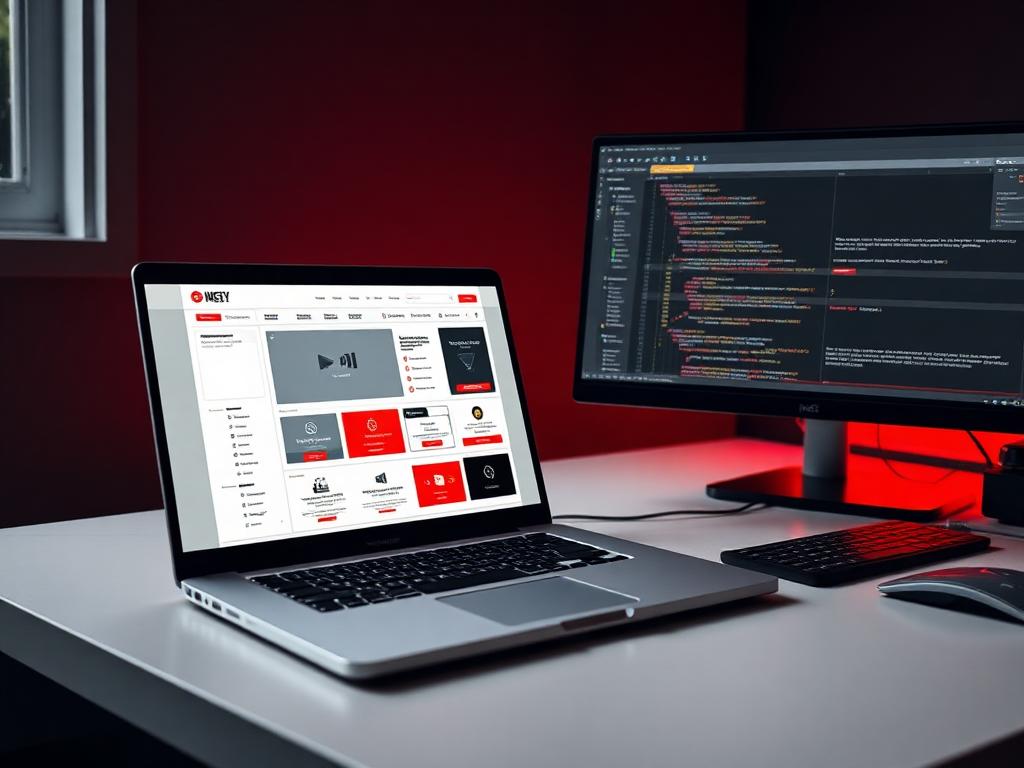 Arbeitsplatz mit Laptop und Monitor beim Erstellen einer Webseite mit roten Akzenten